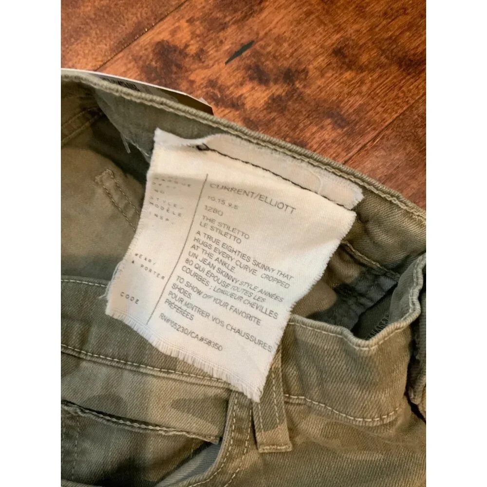 Current/Elliott Green Army Camo Denim The Stiletto Skinny Jeans, Size 28